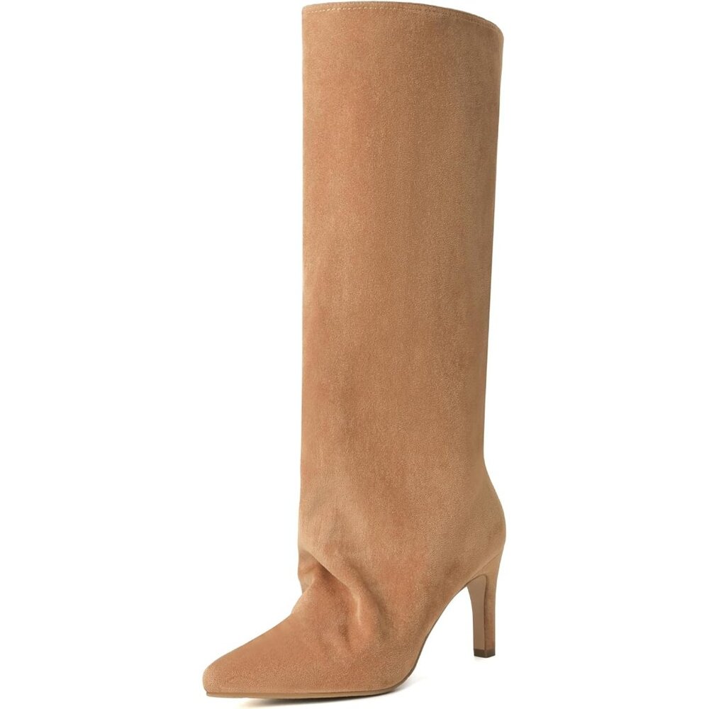 Women's Camel Suede Knee High Boots Pointed Toe Stiletto Tall Side Zipper Dress
